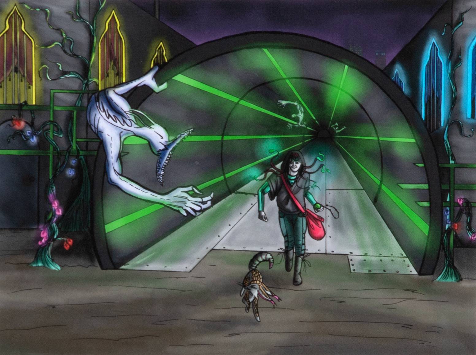 Digital illustration of a person with a red bag running from a monster with a large mouth and teeth out of tunnel with a small creature that looks like a cat.